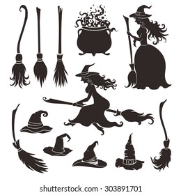 Halloween witches with brooms and hats.