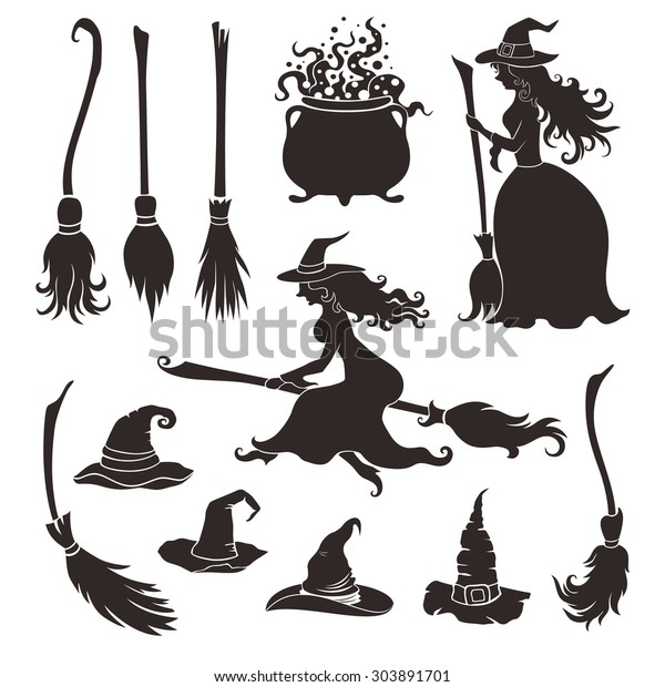 Halloween witches with\
brooms and hats.