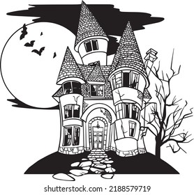 Halloween Witches Castle vector black and white illustration