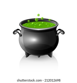 Halloween witches cauldron with green potion, illustration.