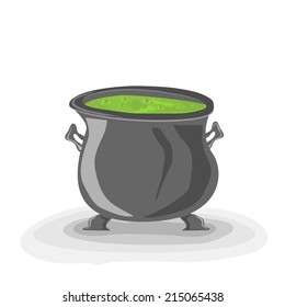 Halloween witches cauldron with green potion on white background, illustration.