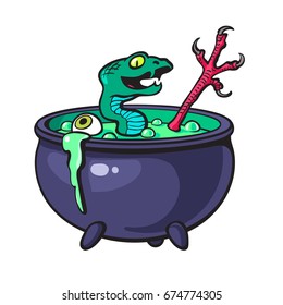 Halloween witches cauldron with green potion, serpent, eye, bird leg. Cartoon sketch illustration isolated on white background.