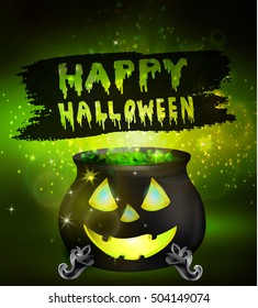 Halloween witches cauldron with Jack O Lantern face green potion and spiders on dark background, illustration.