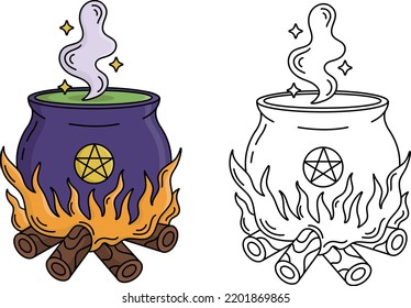 Halloween Witches  Cauldron On Fire With Poison Isolated On White Background. Flat Colorful Hand Drawing Pot, Silhouette, Stroke