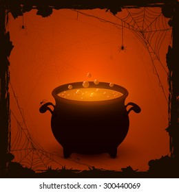 Halloween witches cauldron with orange potion and spiders on dark background, illustration.