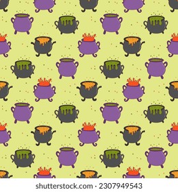 Halloween witches cauldron with poison potion seamless pattern. Trick or treat concept. Flat vector illustration in hand drawn style