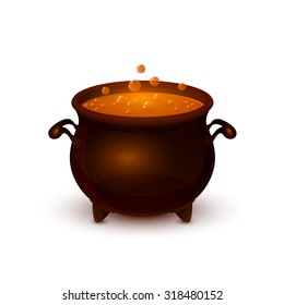 Halloween witches cauldron with potion and bubble isolated on white background, illustration.