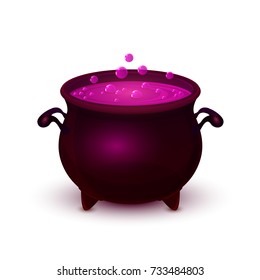 Halloween witches cauldron with purple potion and bubble isolated on white background, illustration.