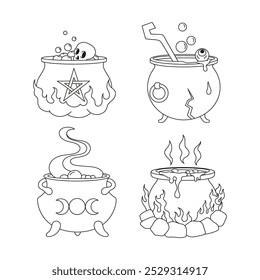 Halloween. Witches cauldrons with potion. Set. Simple vector illustration. Coloring.