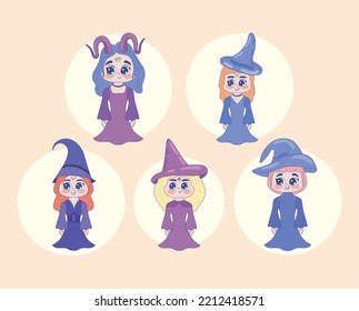 halloween witches characters, icon set