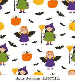 Halloween witches. Children in Halloween costumes, pumpkins and bats. Flat illustration. Vector seamless pattern.