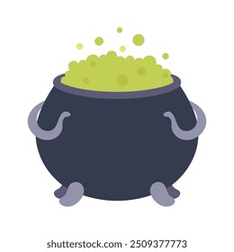 halloween witches dark cauldron with poison potion isolated on white background, flat vector illustration of witches cauldron