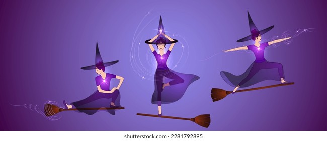 Halloween witches doing yoga postures. Slim young witches women in hatha yoga poses standing on brooms. Yogi hages in well balanced postures practicing witchcraft, making starlight magic, wearing hats