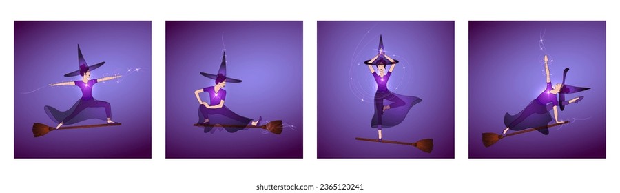 Halloween witches doing yoga postures. Slim young witches women in hatha yoga poses standing on brooms. Yogi hages in well balanced postures practicing witchcraft, making starlight magic, wearing hats