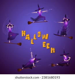 Halloween witches doing yoga postures. Slim young witches women in hatha yoga poses standing on brooms. Yogi hages in well balanced postures practicing witchcraft, making starlight magic, wearing hats