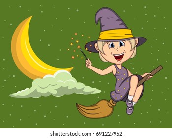 Halloween witches fly with broom stick among the moon and the stars cartoon vector illustration