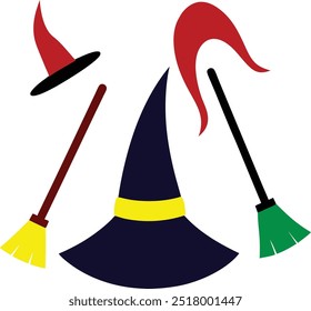 Halloween witches hats and brooms clipart vector illustration  on white background