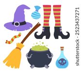 halloween witches magic set in cartoon style, vector illustration of broom, bottle of poison, pot and hat isolated on white background