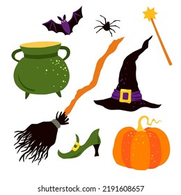 Halloween witches magic set in cartoon style. Vector illustration on white background.