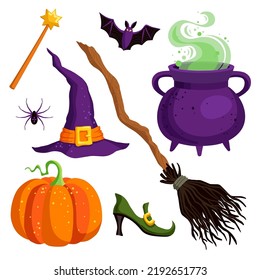 Halloween witches magic set in cartoon style. Vector illustration on white background.