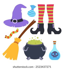 halloween witches magic set in cartoon style, vector illustration of broom, bottle of poison, pot and hat isolated on white background