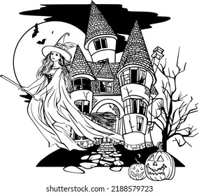 Halloween Witches on a broomstick in front of the castle vector black and white illustration