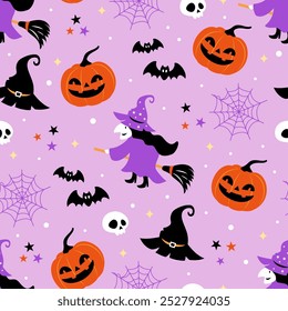 Bruxas de Halloween projeto vetor de fundo padrão sem costura. Elementos de feitiçaria bonito no fundo roxo