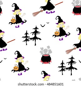 Halloween witches  seamless pattern. Hand drawn vector illustrations of  kettle, lantern, witch and bats.