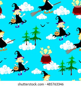 Halloween witches  seamless pattern . Hand drawn vector illustrations of  jack-o-lantern, witch and bats.