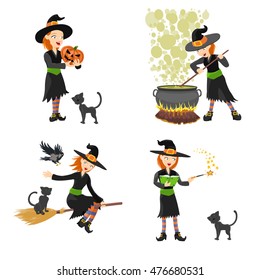 Halloween witches set. Cartoon witch wearing a black dress, hat,  flying on broom, with black cat, crow, with magic book, wand and pot. Vector illustration