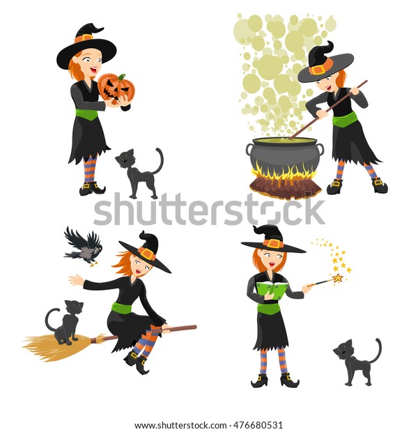 Halloween Witches Set Cartoon Witch Wearing Stock Vector (Royalty Free ...