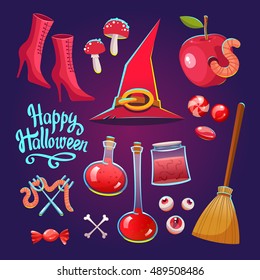 Halloween witches set with funny and scary objects. Vector illustration of eyes, potion, broom, candies, toadstool,  hat and boots in cartoon style.