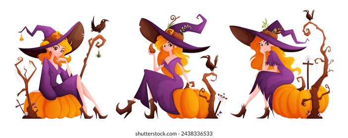 Halloween witches set. A witch with a cute look, orange hair, a purple dress and a large purple hat sits on a huge pumpkin. Old dried tree, crosses, skulls and crows.