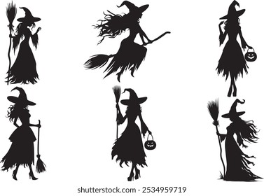 halloween witches silhouette
Halloween witches on broomstick
Vector illustration
Hand drawn vector illustration
magic characters for Halloween