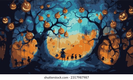 Halloween witches spooky scene in the style of dark sky - blue and violet, vibrant watercolor