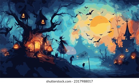 Halloween witches spooky scene in the style of dark sky - blue and violet, vibrant watercolor