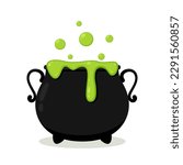 Halloween witches violet cauldron with poison potion isolated on white background. Vector Illustration of a Witch