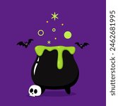 Halloween witches violet cauldron with poison potion isolated on white background. Vector Illustration of a Witch's Cauldron.