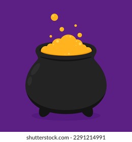 Halloween witches violet cauldron with poison potion isolated on white background. Vector Illustration of a Witch's Cauldron.