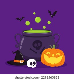 Halloween witches violet cauldron with poison potion isolated on purple background. Vector Illustration of a Witch's Cauldron.