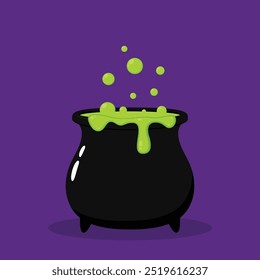 Halloween witches violet cauldron with poison potion isolated on white background. Vector Illustration of a Witch's Cauldron.