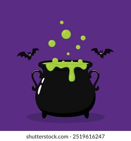 Halloween witches violet cauldron with poison potion isolated on white background. Vector Illustration of a Witch's Cauldron.