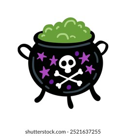 Halloween witches violet cauldron with poison potion isolated on white background. Vector Illustration of a Witch Cauldron.