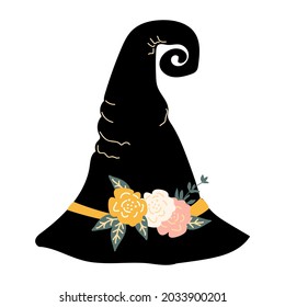 Halloween Witch's black hat with orange ribbon and flowers. Isolated on a white. Vector illustration 