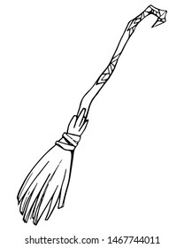 Halloween Witch's Broom . Black and white doodle linear sketch. Vector illustration. Hand drawing cartoon illustration on white background