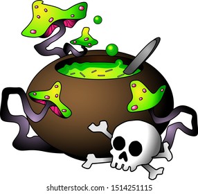 Halloween, witch's cauldron, green potion, mushrooms, skull with bones