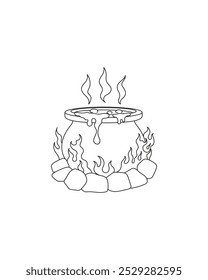 Halloween. Witch's cauldron with potion on fire. Simple vector illustration. Coloring.