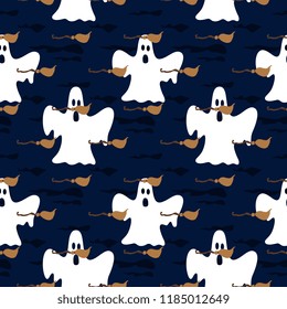 halloween witch's flying broom and ghost seamless pattern. vector illustration for fashion textile print and wrapping with festive design.