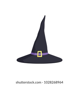 Halloween witchs hat with a gold buckle, masquerade decorative element cartoon vector Illustration on a white background
