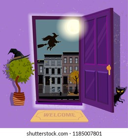 halloween Witch's house. Open door to purple hallway with hat at home plant and black cat at door. Urban landscape with a huge moon and silhouette of witch over houses roofs. Flat cartoon illustration